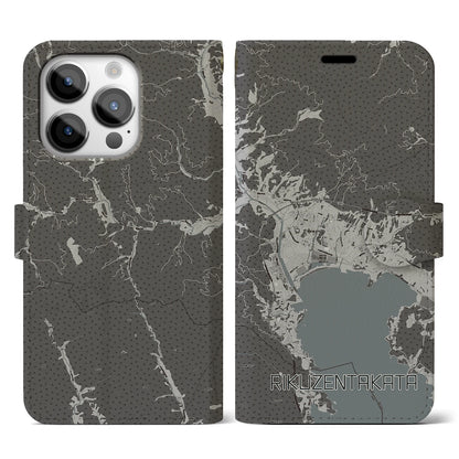 【陸前高田（岩手県）】地図柄iPhoneケース（手帳タイプ）モノトーン・iPhone 14 Pro 用