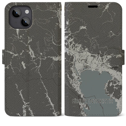 【陸前高田（岩手県）】地図柄iPhoneケース（手帳タイプ）モノトーン・iPhone 14 Plus 用