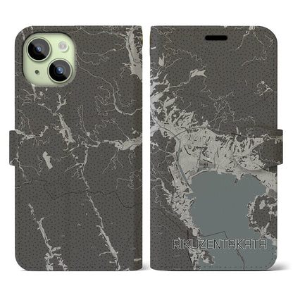 【陸前高田（岩手県）】地図柄iPhoneケース（手帳タイプ）モノトーン・iPhone 15 用