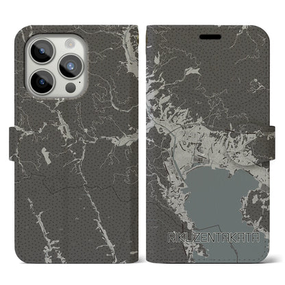 【陸前高田（岩手県）】地図柄iPhoneケース（手帳タイプ）モノトーン・iPhone 15 Pro 用