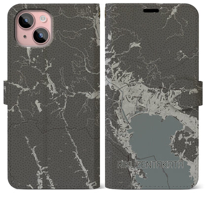 【陸前高田（岩手県）】地図柄iPhoneケース（手帳タイプ）モノトーン・iPhone 15 Plus 用