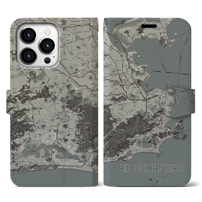 【リオデジャネイロ（ブラジル）】地図柄iPhoneケース（手帳タイプ）モノトーン・iPhone 13 Pro 用
