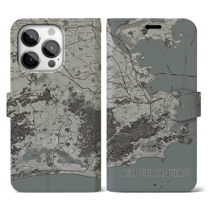 【リオデジャネイロ（ブラジル）】地図柄iPhoneケース（手帳タイプ）モノトーン・iPhone 14 Pro 用
