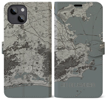 【リオデジャネイロ（ブラジル）】地図柄iPhoneケース（手帳タイプ）モノトーン・iPhone 14 Plus 用