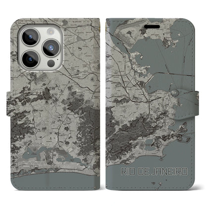 【リオデジャネイロ（ブラジル）】地図柄iPhoneケース（手帳タイプ）モノトーン・iPhone 15 Pro 用