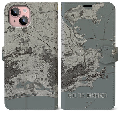 【リオデジャネイロ（ブラジル）】地図柄iPhoneケース（手帳タイプ）モノトーン・iPhone 15 Plus 用