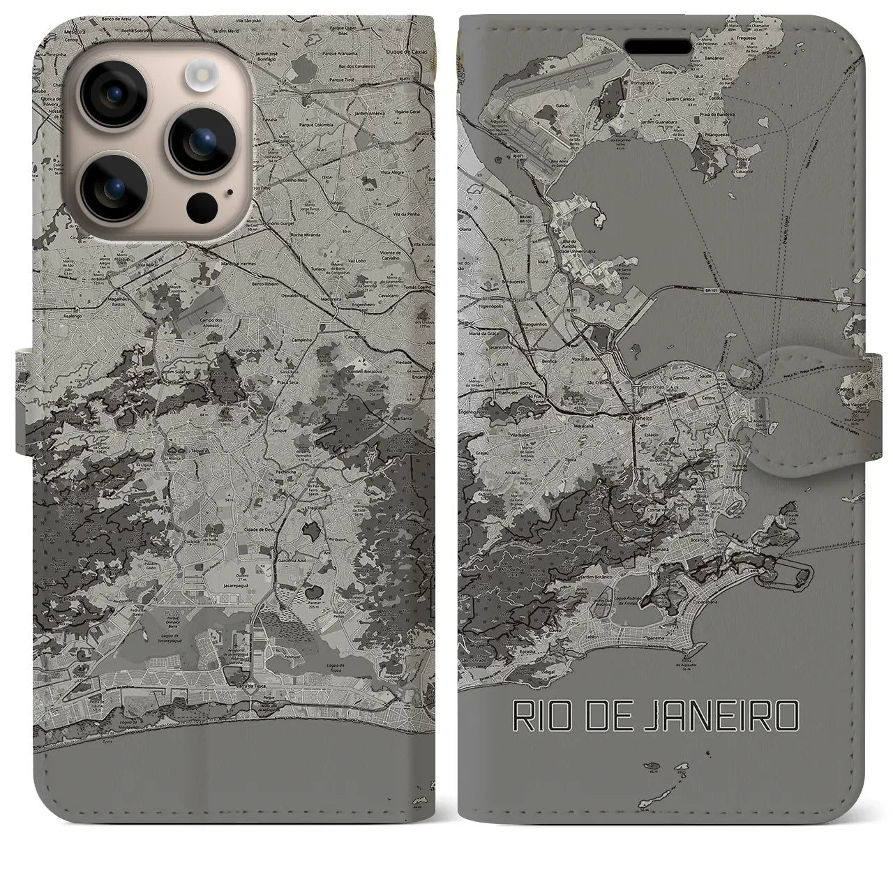 【リオデジャネイロ（ブラジル）】地図柄iPhoneケース（手帳タイプ）モノトーン・iPhone 16 Plus 用