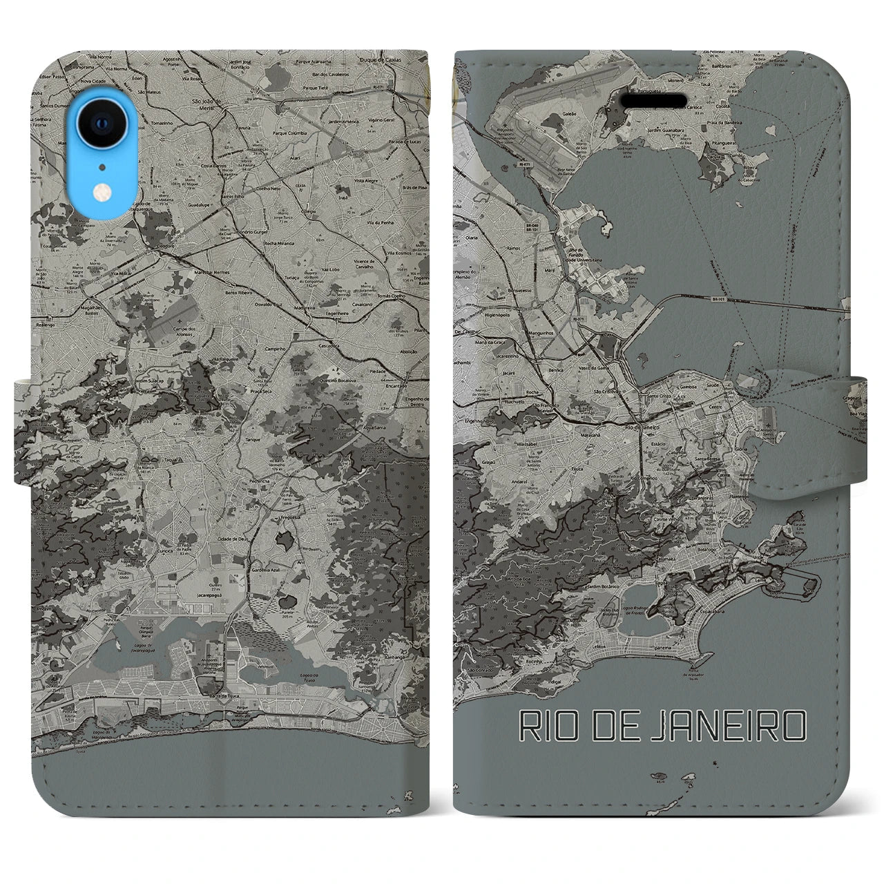 【リオデジャネイロ】地図柄iPhoneケース（手帳両面タイプ・モノトーン）iPhone XR 用