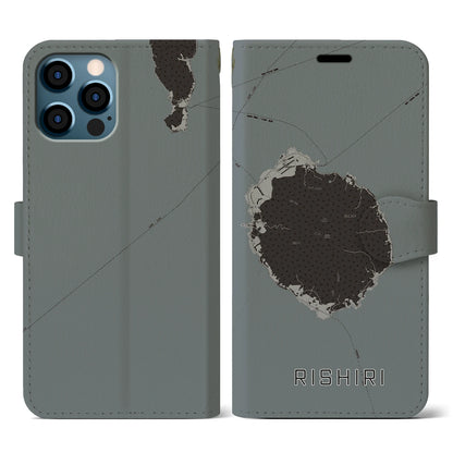 【利尻（北海道）】地図柄iPhoneケース（手帳タイプ）モノトーン・iPhone 12 / 12 Pro 用