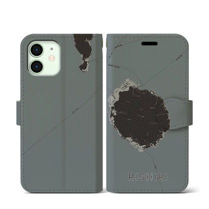【利尻（北海道）】地図柄iPhoneケース（手帳タイプ）モノトーン・iPhone 12 mini 用