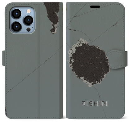 【利尻（北海道）】地図柄iPhoneケース（手帳タイプ）モノトーン・iPhone 13 Pro Max 用