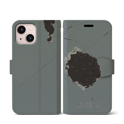 【利尻（北海道）】地図柄iPhoneケース（手帳タイプ）モノトーン・iPhone 13 mini 用