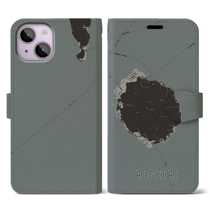 【利尻（北海道）】地図柄iPhoneケース（手帳タイプ）モノトーン・iPhone 14 用
