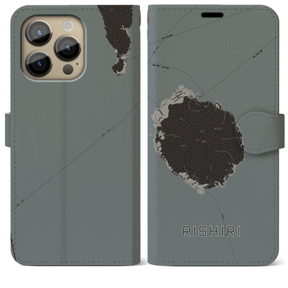 【利尻（北海道）】地図柄iPhoneケース（手帳タイプ）モノトーン・iPhone 14 Pro Max 用