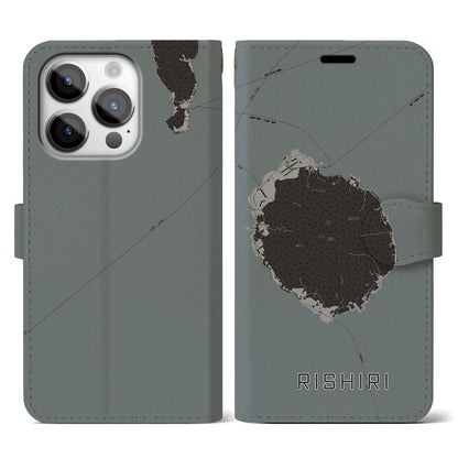 【利尻（北海道）】地図柄iPhoneケース（手帳タイプ）モノトーン・iPhone 14 Pro 用