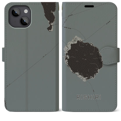 【利尻（北海道）】地図柄iPhoneケース（手帳タイプ）モノトーン・iPhone 14 Plus 用