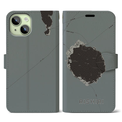 【利尻（北海道）】地図柄iPhoneケース（手帳タイプ）モノトーン・iPhone 15 用