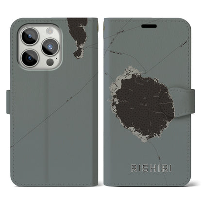 【利尻（北海道）】地図柄iPhoneケース（手帳タイプ）モノトーン・iPhone 15 Pro 用