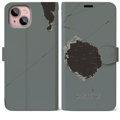 【利尻（北海道）】地図柄iPhoneケース（手帳タイプ）モノトーン・iPhone 15 Plus 用