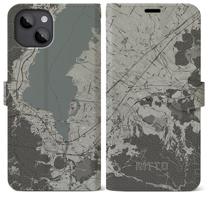 【栗東（滋賀県）】地図柄iPhoneケース（手帳タイプ）モノトーン・iPhone 14 Plus 用