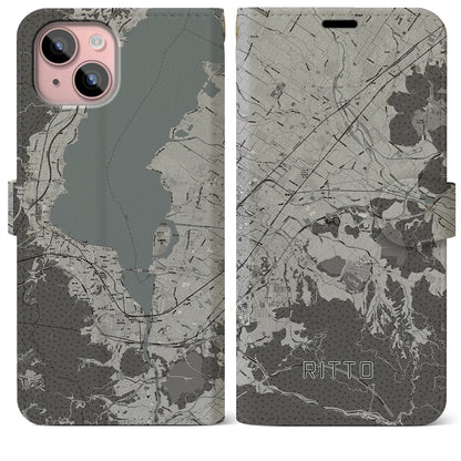 【栗東（滋賀県）】地図柄iPhoneケース（手帳タイプ）モノトーン・iPhone 15 Plus 用