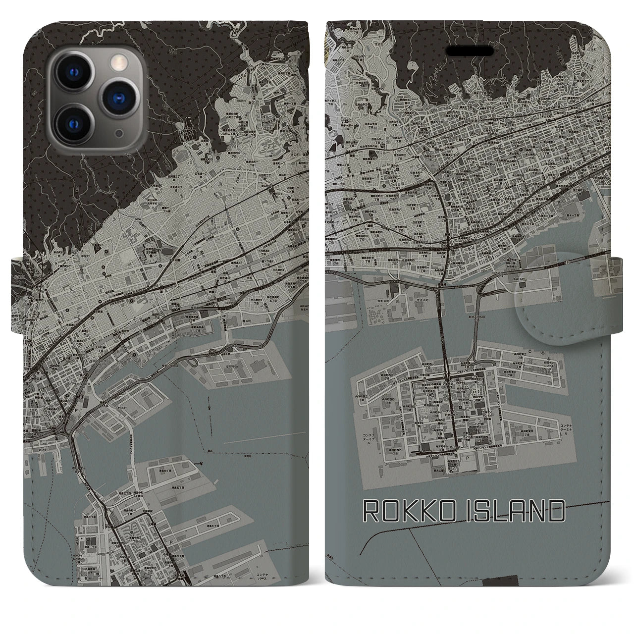 【六甲アイランド】地図柄iPhoneケース（手帳両面タイプ・モノトーン）iPhone 11 Pro Max 用