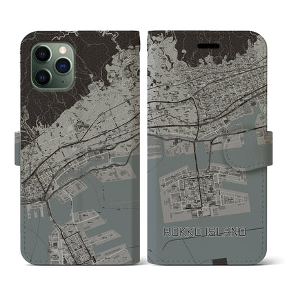 【六甲アイランド（兵庫県）】地図柄iPhoneケース（手帳タイプ）モノトーン・iPhone 11 Pro 用