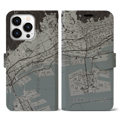 【六甲アイランド（兵庫県）】地図柄iPhoneケース（手帳タイプ）モノトーン・iPhone 13 Pro 用