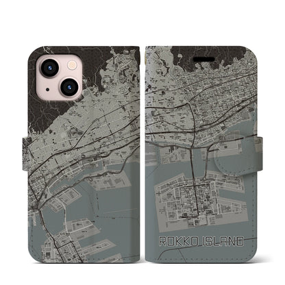 【六甲アイランド（兵庫県）】地図柄iPhoneケース（手帳タイプ）モノトーン・iPhone 13 mini 用