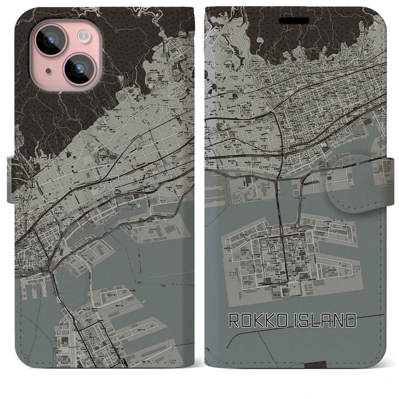 【六甲アイランド】地図柄iPhoneケース（手帳両面タイプ・モノトーン）iPhone 15 Plus 用