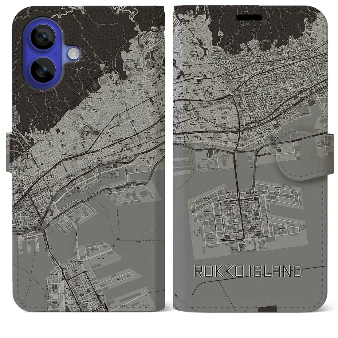 【六甲アイランド(兵庫県)】地図柄iPhoneケース(手帳タイプ)モノトーン・iPhone 16 Pro Max 用