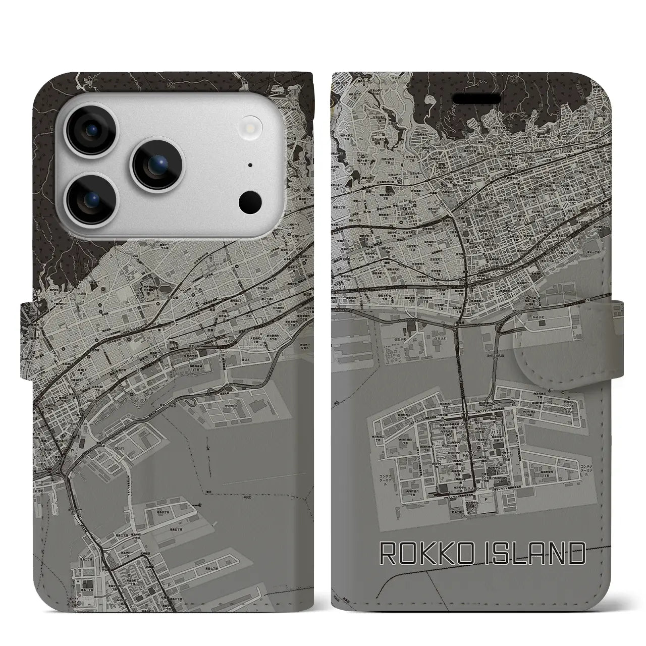 【六甲アイランド（兵庫県）】地図柄iPhoneケース（手帳タイプ）