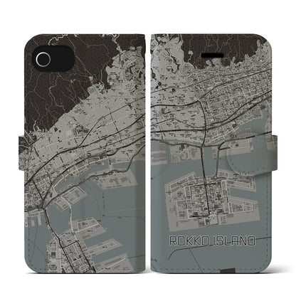 【六甲アイランド（兵庫県）】地図柄iPhoneケース（手帳タイプ）モノトーン・iPhone SE（第3 / 第2世代） / 8 / 7 / 6s / 6 用
