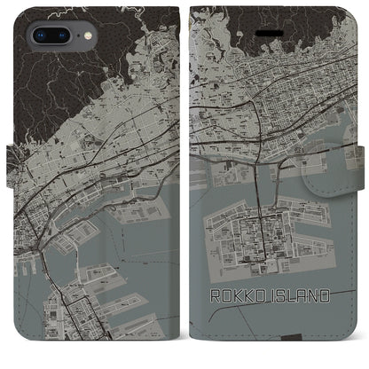 【六甲アイランド（兵庫県）】地図柄iPhoneケース（手帳タイプ）モノトーン・iPhone 8Plus /7Plus / 6sPlus / 6Plus 用
