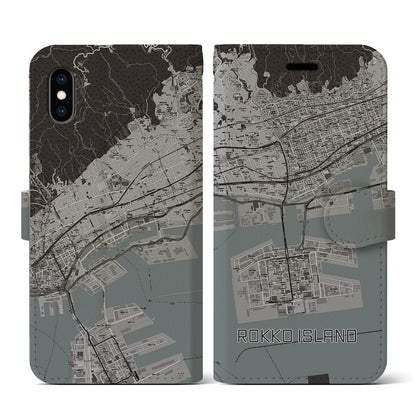 【六甲アイランド（兵庫県）】地図柄iPhoneケース（手帳タイプ）モノトーン・iPhone XS / X 用