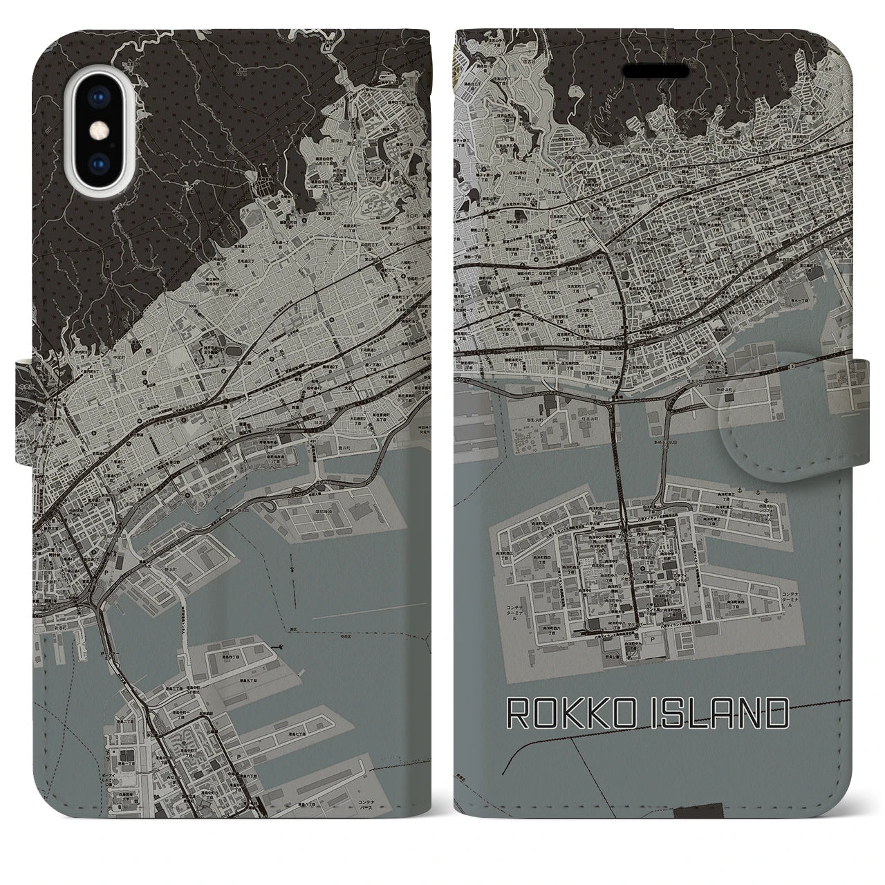 【六甲アイランド】地図柄iPhoneケース（手帳両面タイプ・モノトーン）iPhone XS Max 用