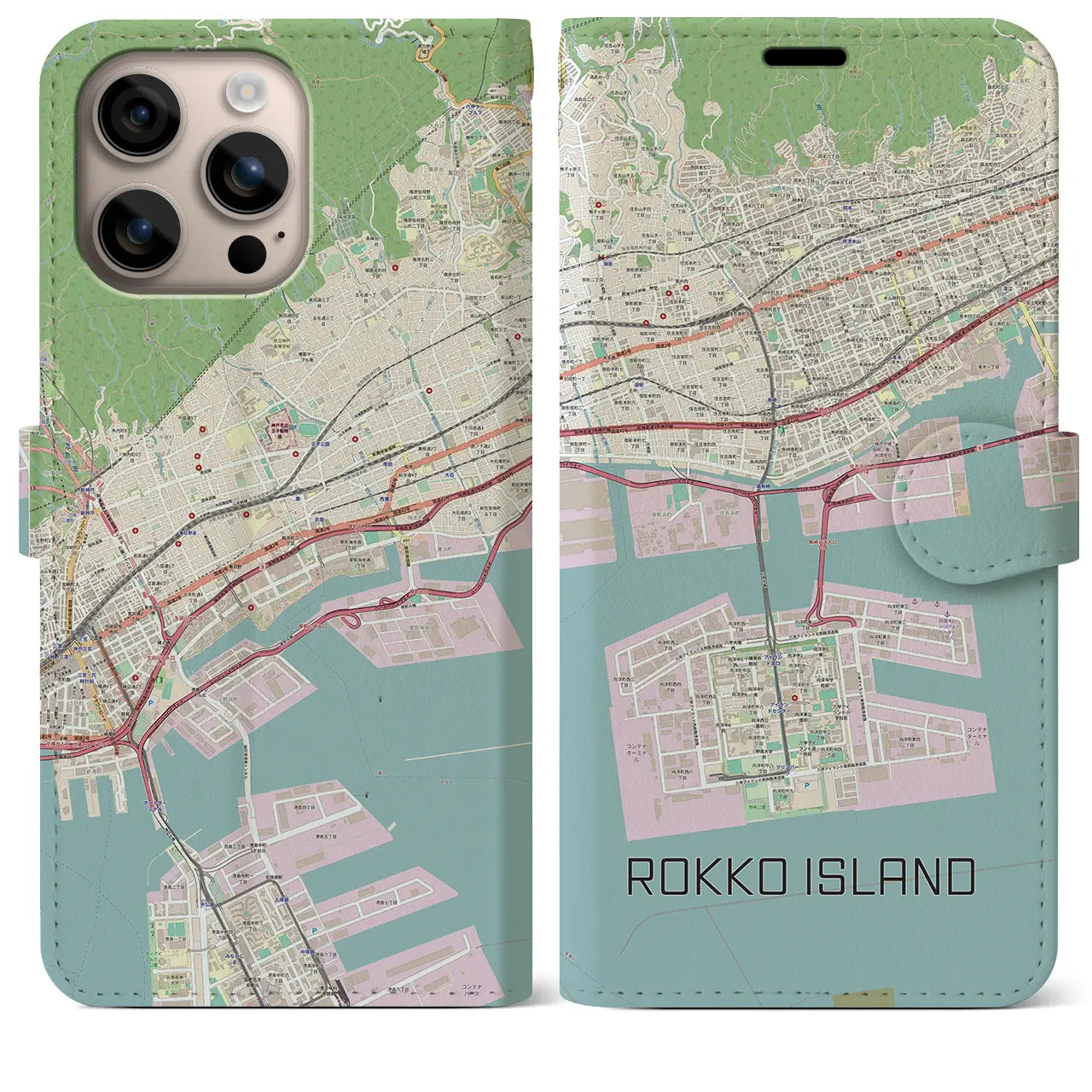 【六甲アイランド（兵庫県）】地図柄iPhoneケース（手帳タイプ）ナチュラル・iPhone 16 Plus 用