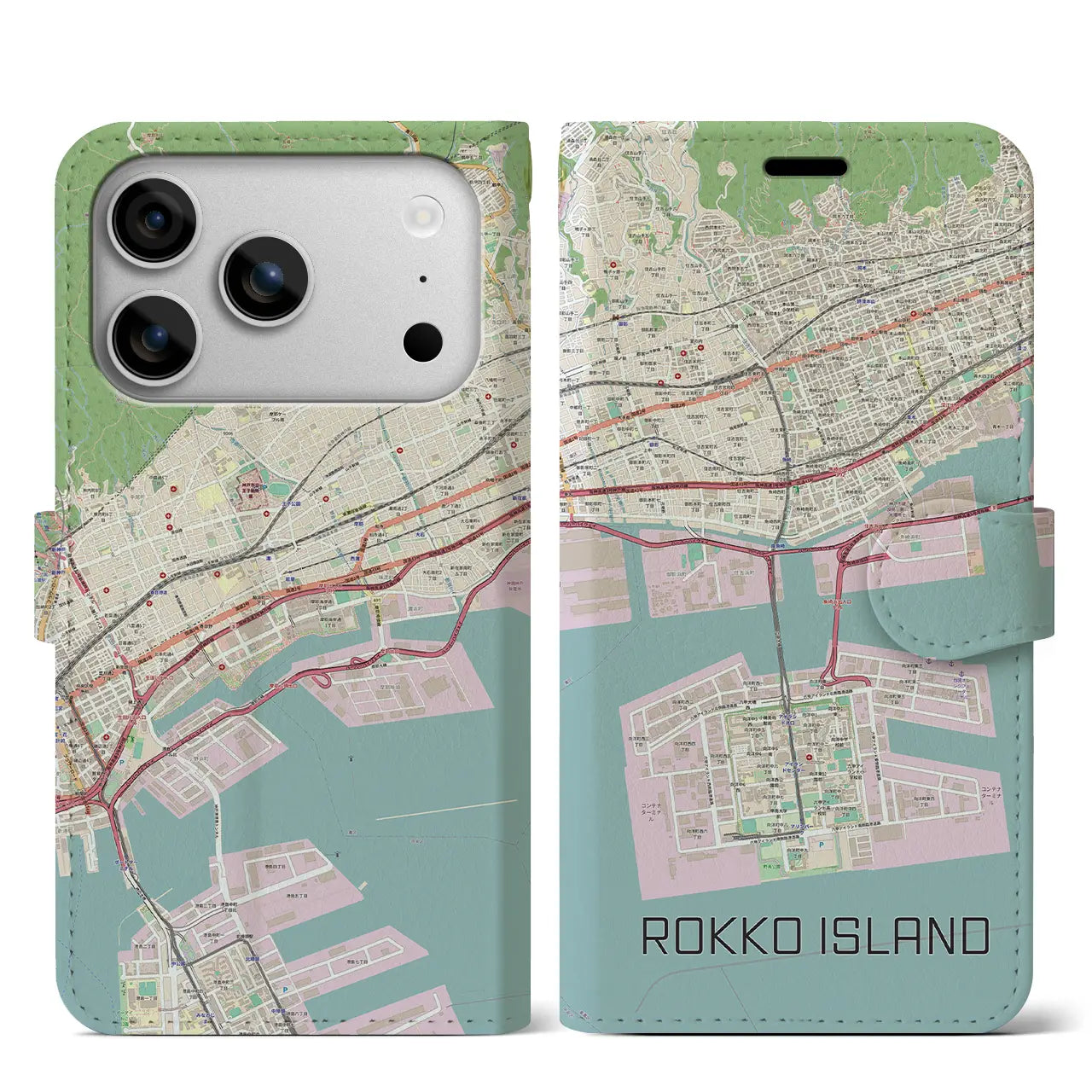 【六甲アイランド（兵庫県）】地図柄iPhoneケース（手帳タイプ）