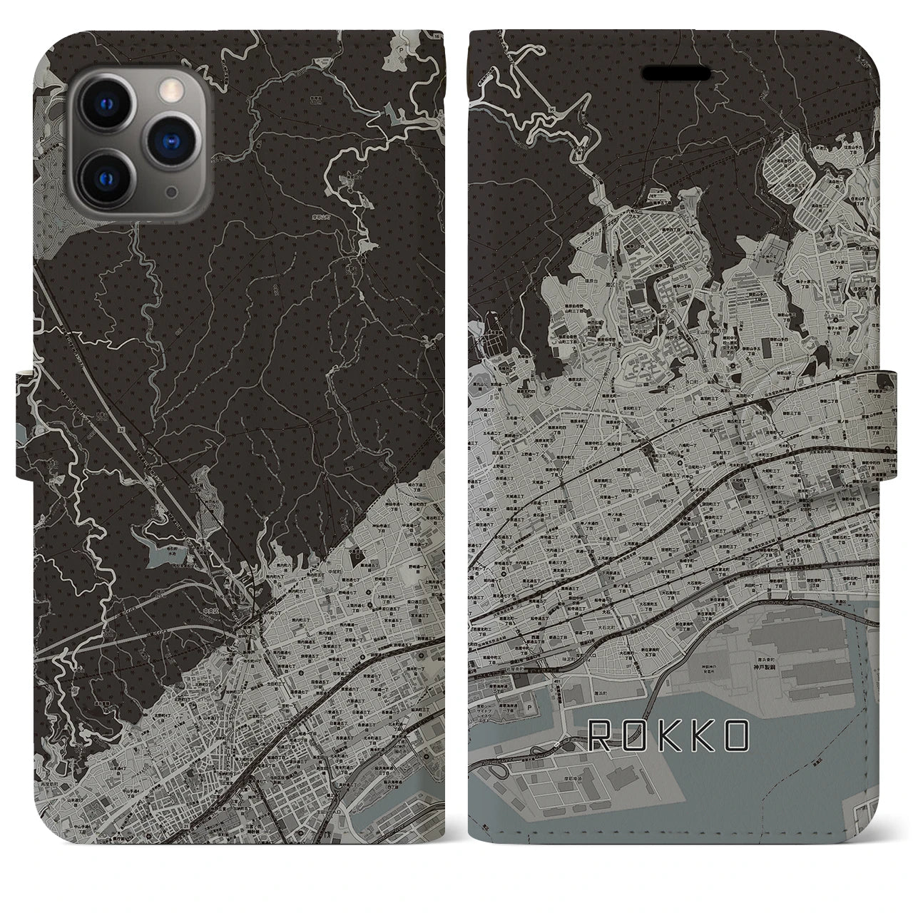 【六甲】地図柄iPhoneケース（手帳両面タイプ・モノトーン）iPhone 11 Pro Max 用