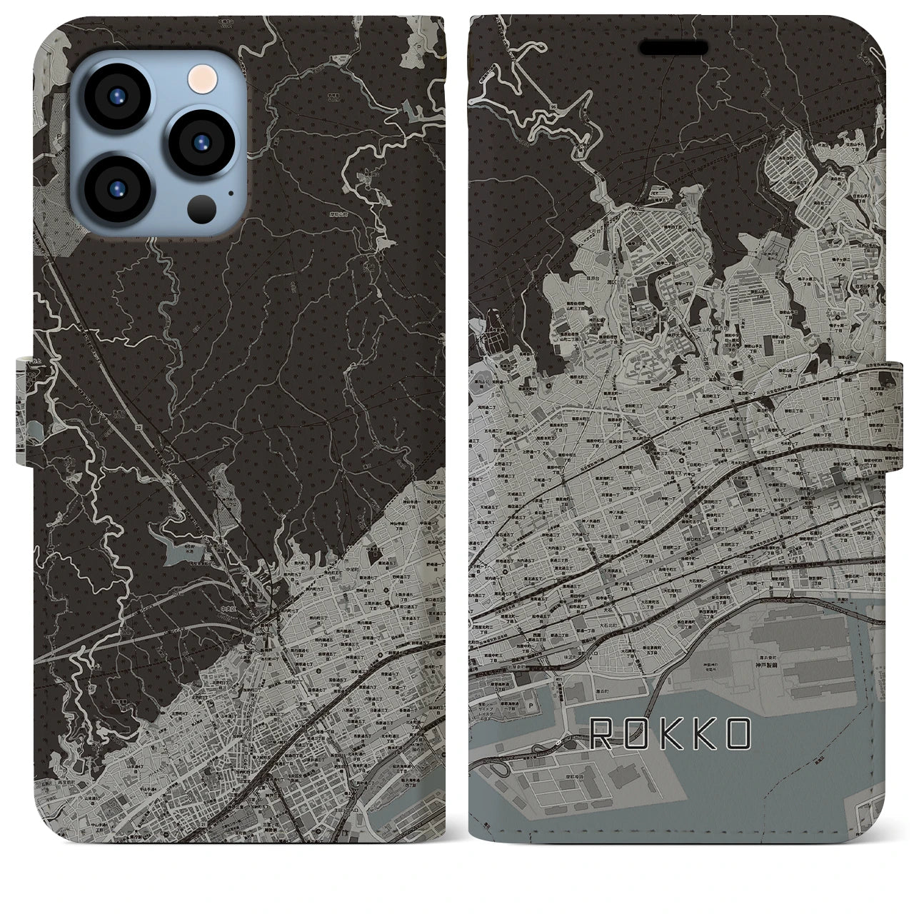 【六甲】地図柄iPhoneケース（手帳両面タイプ・モノトーン）iPhone 13 Pro Max 用