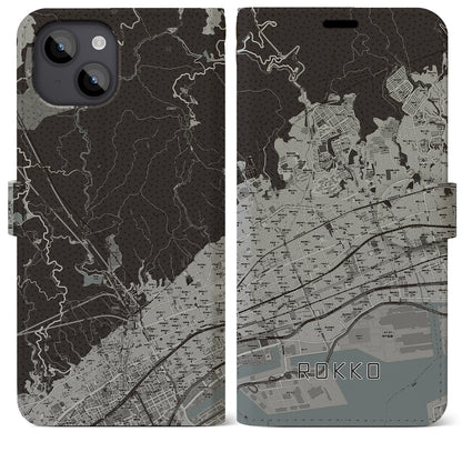 【六甲（兵庫県）】地図柄iPhoneケース（手帳タイプ）モノトーン・iPhone 14 Plus 用