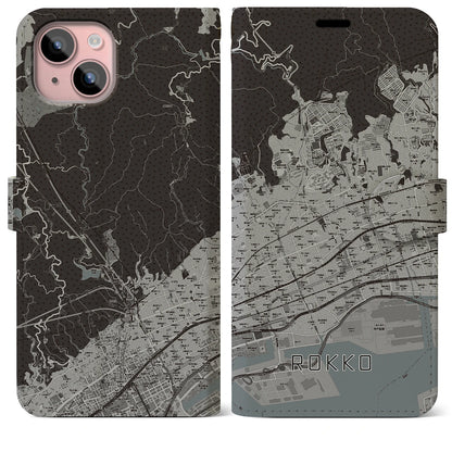 【六甲（兵庫県）】地図柄iPhoneケース（手帳タイプ）モノトーン・iPhone 15 Plus 用