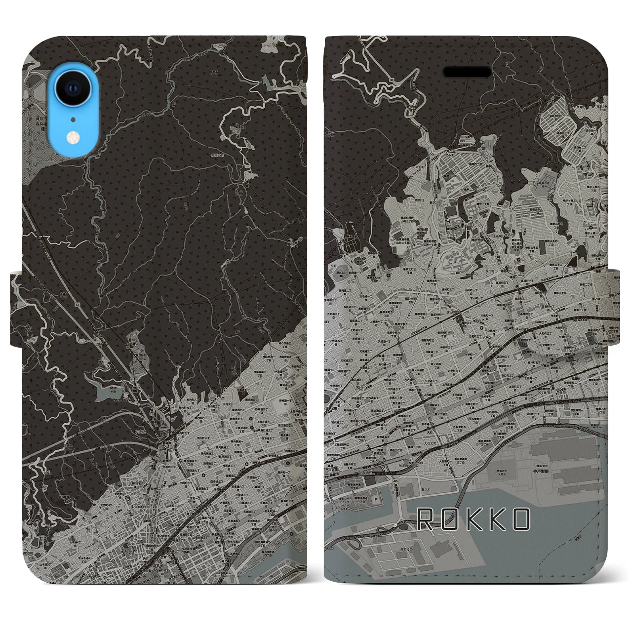 【六甲】地図柄iPhoneケース（手帳両面タイプ・モノトーン）iPhone XR 用