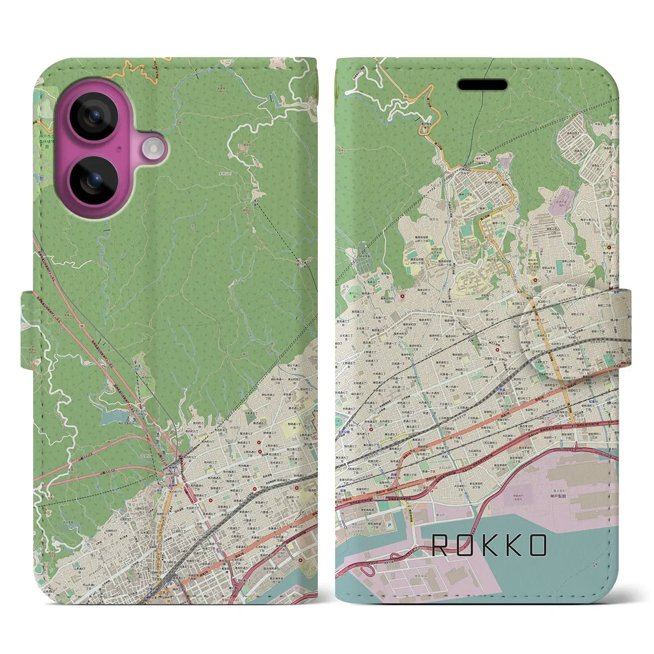 【六甲（兵庫県）】地図柄iPhoneケース（手帳タイプ）ナチュラル・iPhone 16 Pro 用