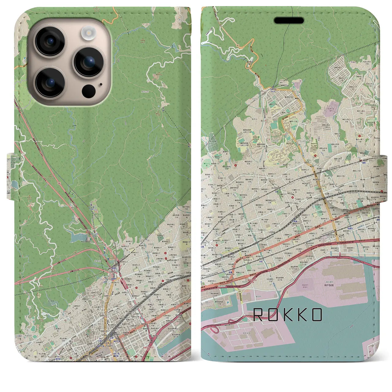 【六甲（兵庫県）】地図柄iPhoneケース（手帳タイプ）ナチュラル・iPhone 16 Plus 用