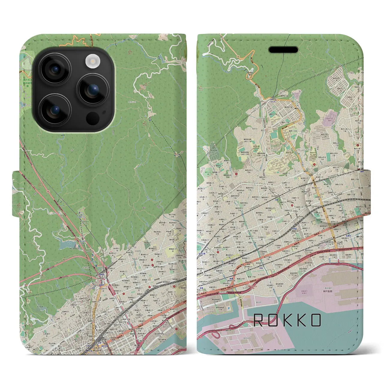 【六甲（兵庫県）】地図柄iPhoneケース（手帳タイプ）ナチュラル・iPhone 16 用