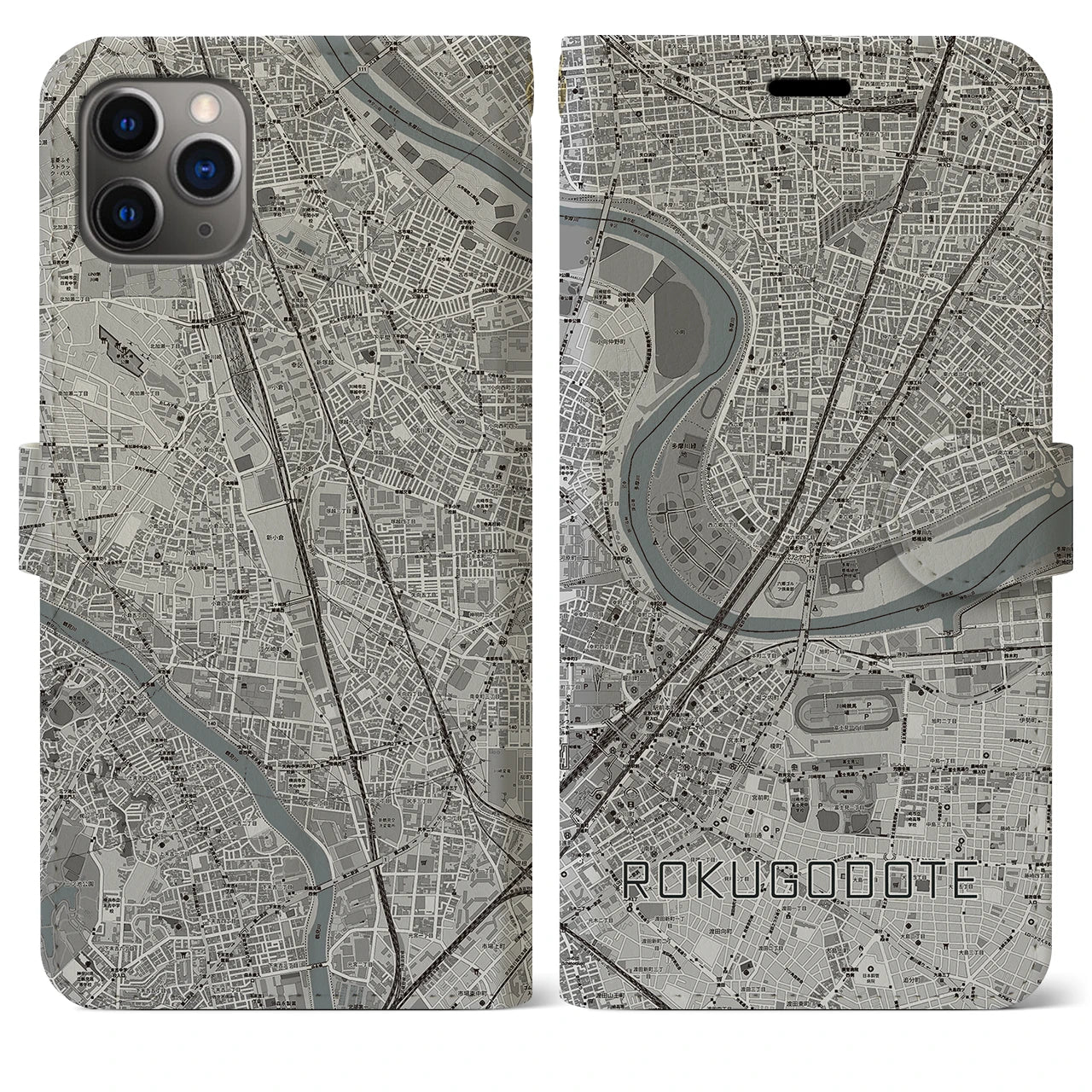 【六郷土手】地図柄iPhoneケース（手帳両面タイプ・モノトーン）iPhone 11 Pro Max 用