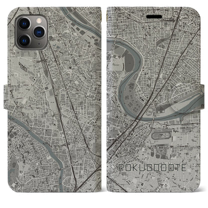 【六郷土手（東京都）】地図柄iPhoneケース（手帳タイプ）モノトーン・iPhone 11 Pro Max 用