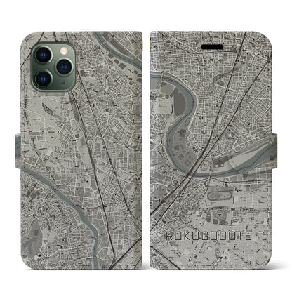 【六郷土手（東京都）】地図柄iPhoneケース（手帳タイプ）モノトーン・iPhone 11 Pro 用