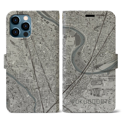 【六郷土手（東京都）】地図柄iPhoneケース（手帳タイプ）モノトーン・iPhone 12 / 12 Pro 用